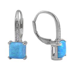 Sterling Silver Blue Opal Square Leverback Earrings